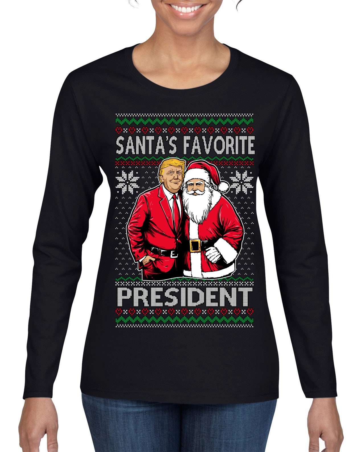 Santa's Favorite President Red Suit Trump Ugly Christmas Sweater Womens Graphic Long Sleeve T-Shirt