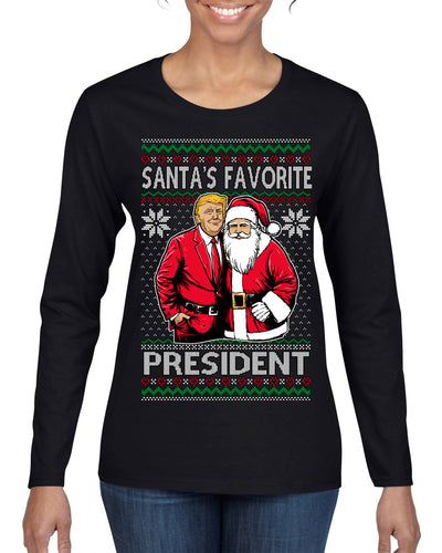 Santa's Favorite President Red Suit Trump Ugly Christmas Sweater Womens Graphic Long Sleeve T-Shirt