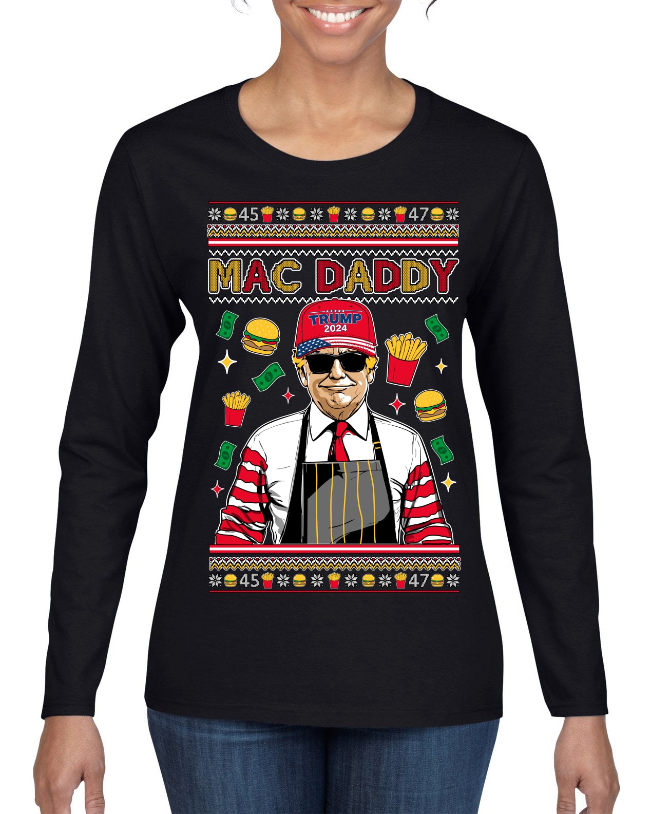 Mac Daddy Funny Viral Trump Meme Fast Food Fries Burgers Ugly Christmas Sweater Womens Graphic Long Sleeve T-Shirt