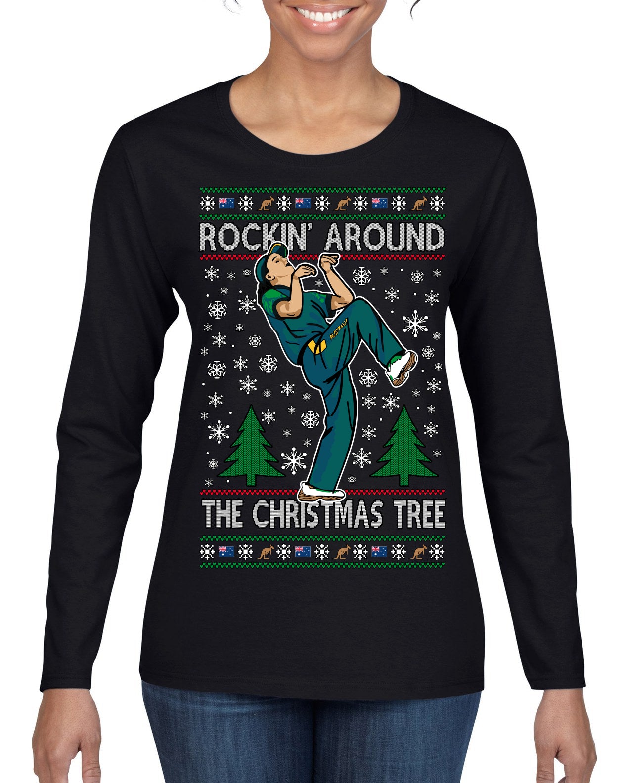 Rockin Around the Christmas Tree Raygun Viral Breakdancer Ugly Christmas Sweater Womens Graphic Long Sleeve T-Shirt