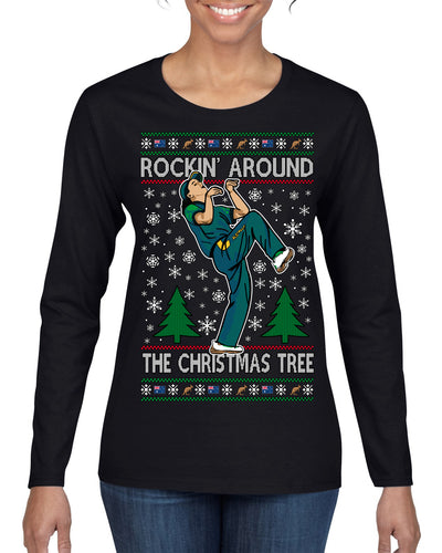 Rockin Around the Christmas Tree Raygun Viral Breakdancer Ugly Christmas Sweater Womens Graphic Long Sleeve T-Shirt
