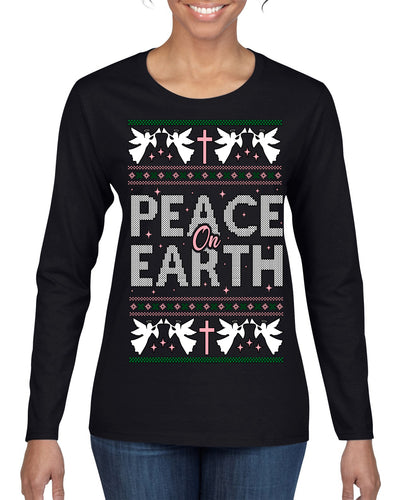 Peace On Earth Funny Xmas Cute Pink Angel Cross Ugly Christmas Sweater Womens Graphic Long Sleeve T-Shirt