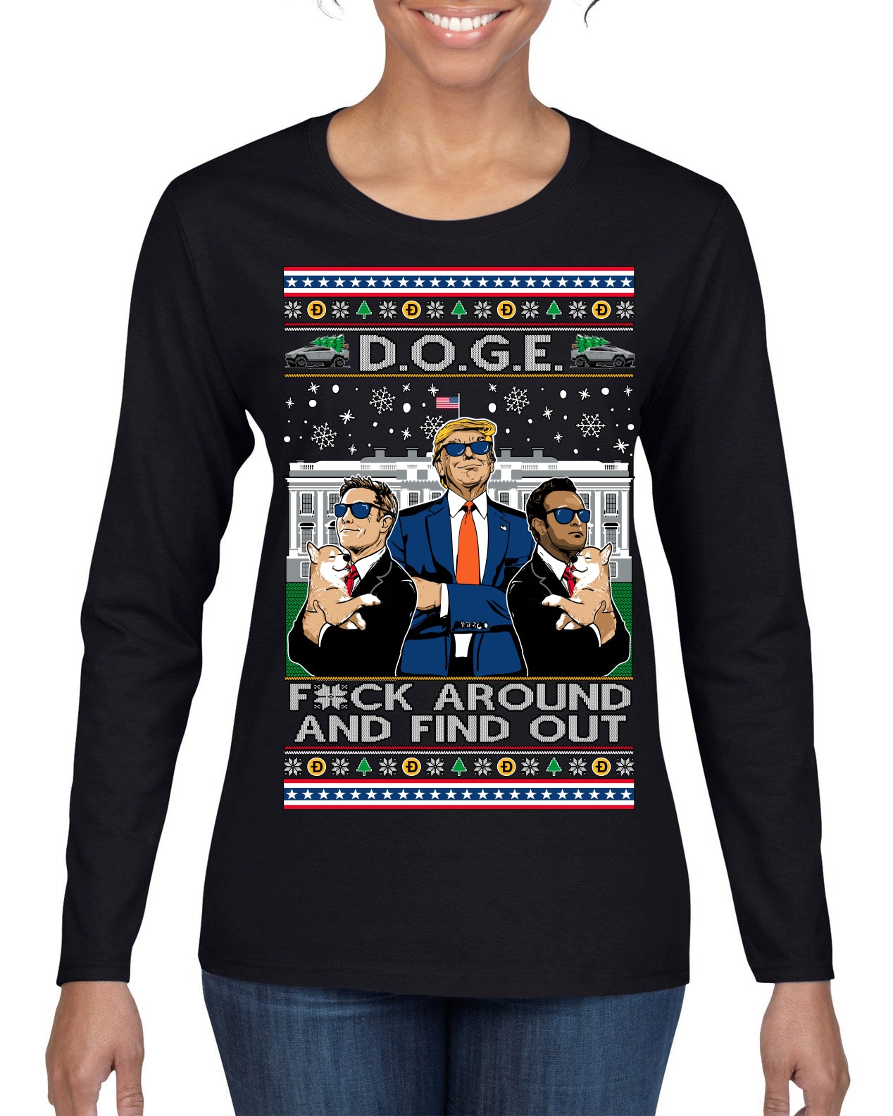 Doge F Around and Find Out Donald Trump Elon Vivek MAGA Ugly Christmas Sweater Womens Graphic Long Sleeve T-Shirt