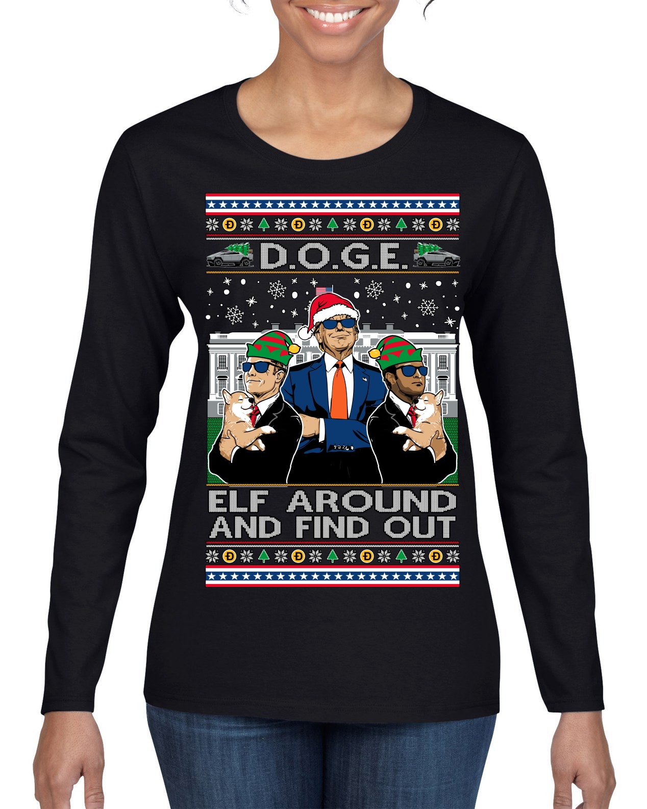 Doge Elf Around and Find Out Trump Elon Vivek MAGA Ugly Christmas Sweater Womens Graphic Long Sleeve T-Shirt