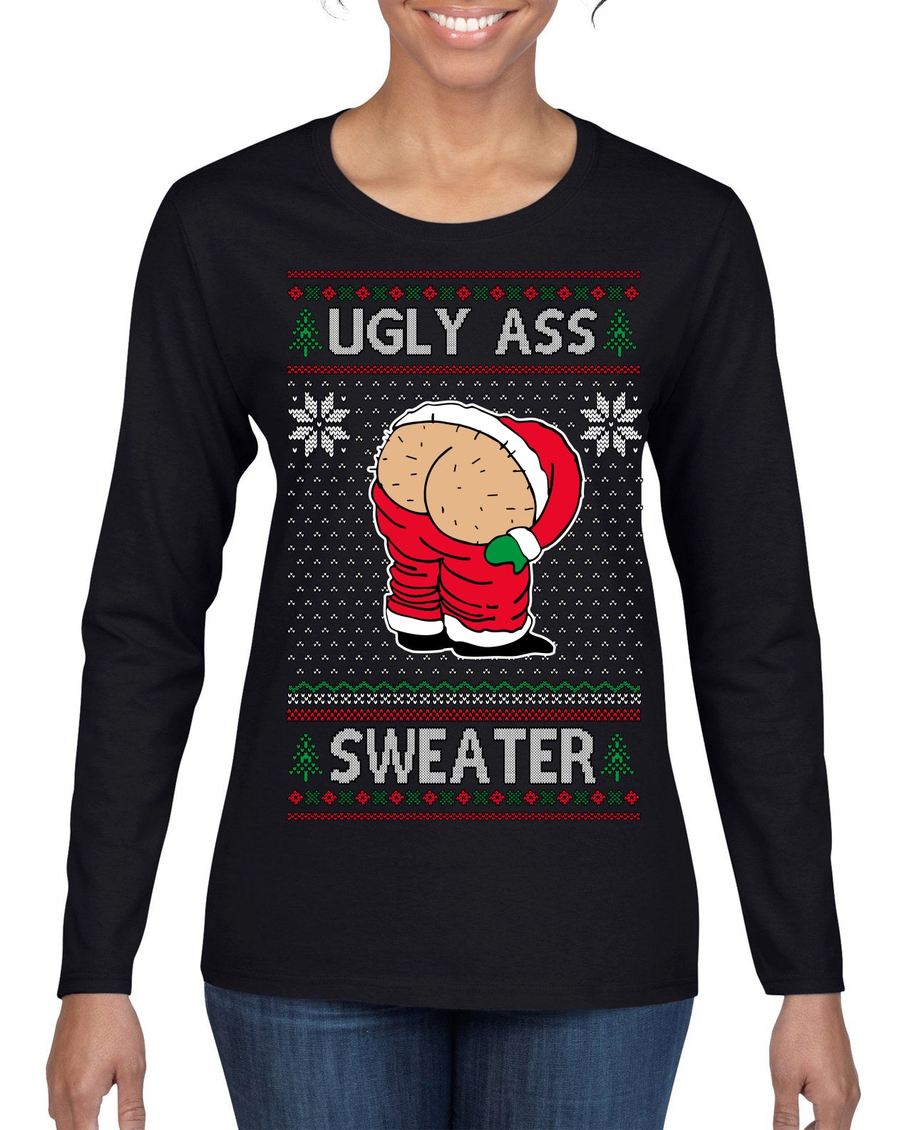 Ugly Ass Sweater Funny Santa Claus Butt Xmas Ugly Christmas Sweater Womens Graphic Long Sleeve T-Shirt