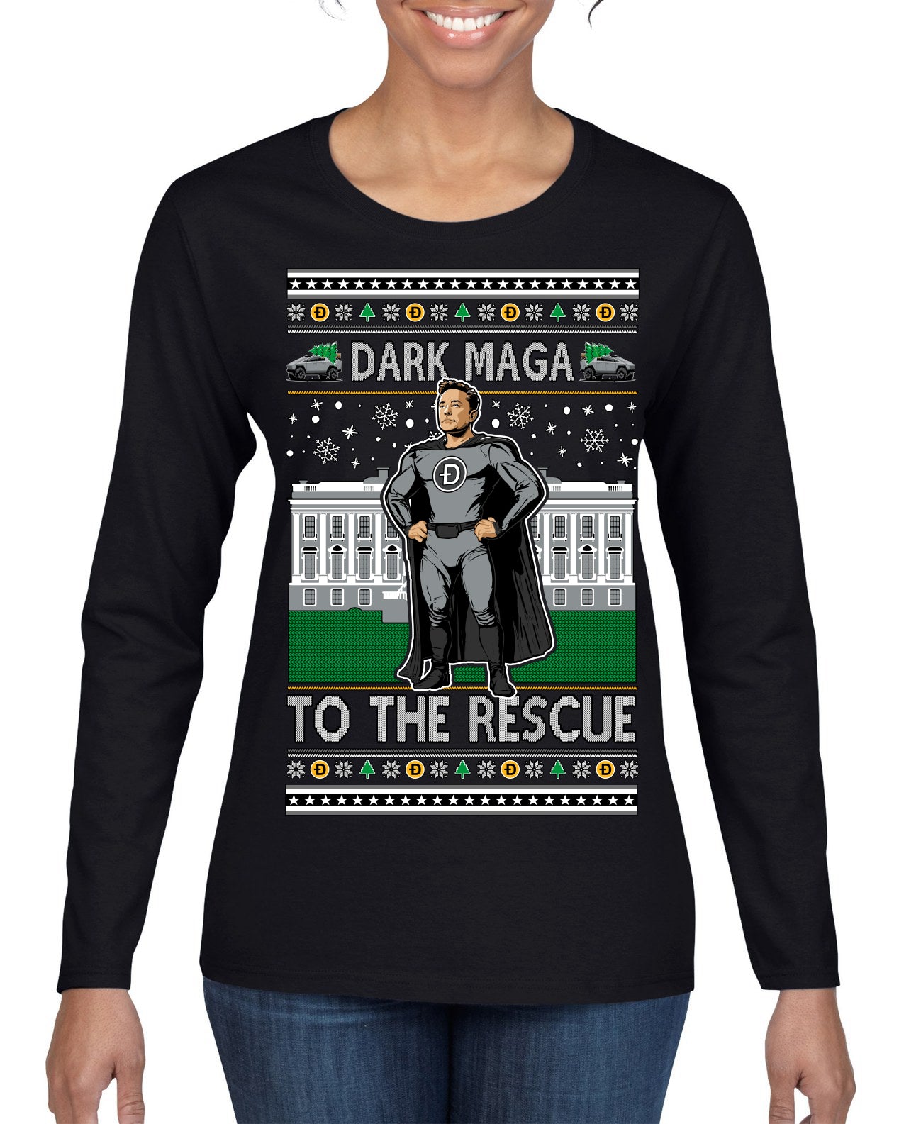 Dark MAGA to the Rescue Elon Superhero Doge Crypto Ugly Christmas Sweater Womens Graphic Long Sleeve T-Shirt