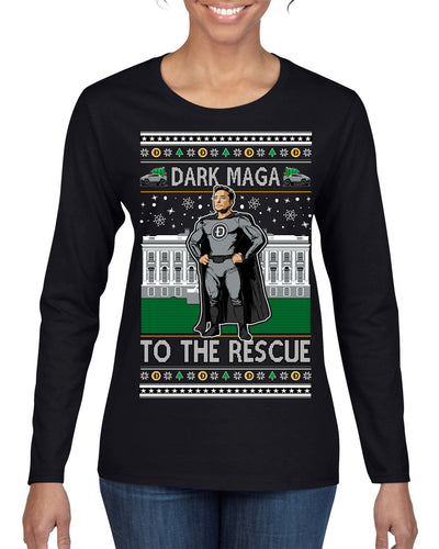 Dark MAGA to the Rescue Elon Superhero Doge Crypto Ugly Christmas Sweater Womens Graphic Long Sleeve T-Shirt