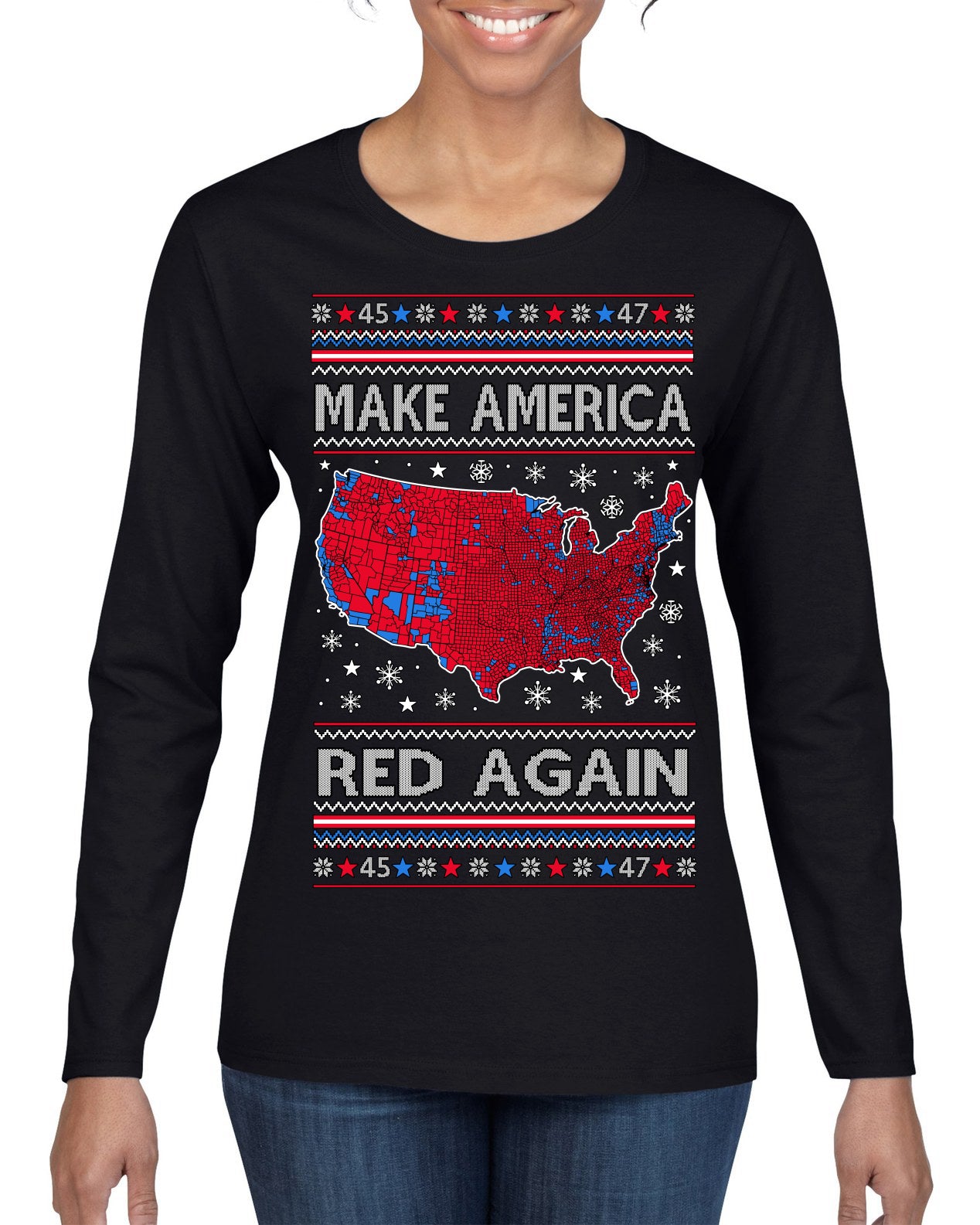 Make America Red Again USA Map Trump 2024 MAGA Ugly Christmas Sweater Womens Graphic Long Sleeve T-Shirt