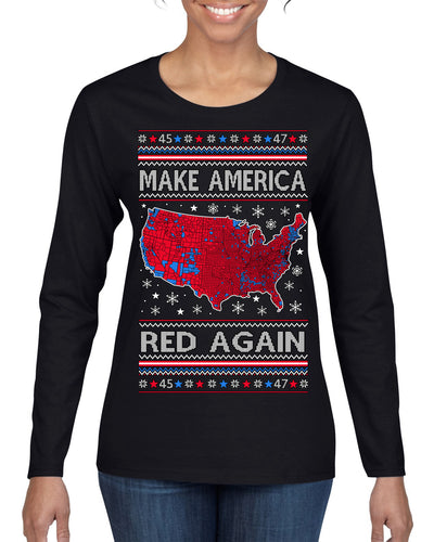 Make America Red Again USA Map Trump 2024 MAGA Ugly Christmas Sweater Womens Graphic Long Sleeve T-Shirt