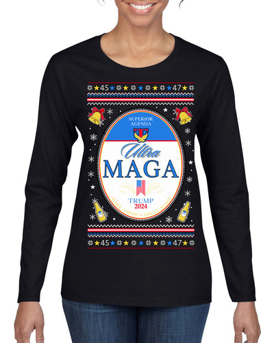 Ultra MAGA Superior Agenda Trump 2024 Funny Beer Logo Ugly Christmas Sweater Womens Graphic Long Sleeve T-Shirt
