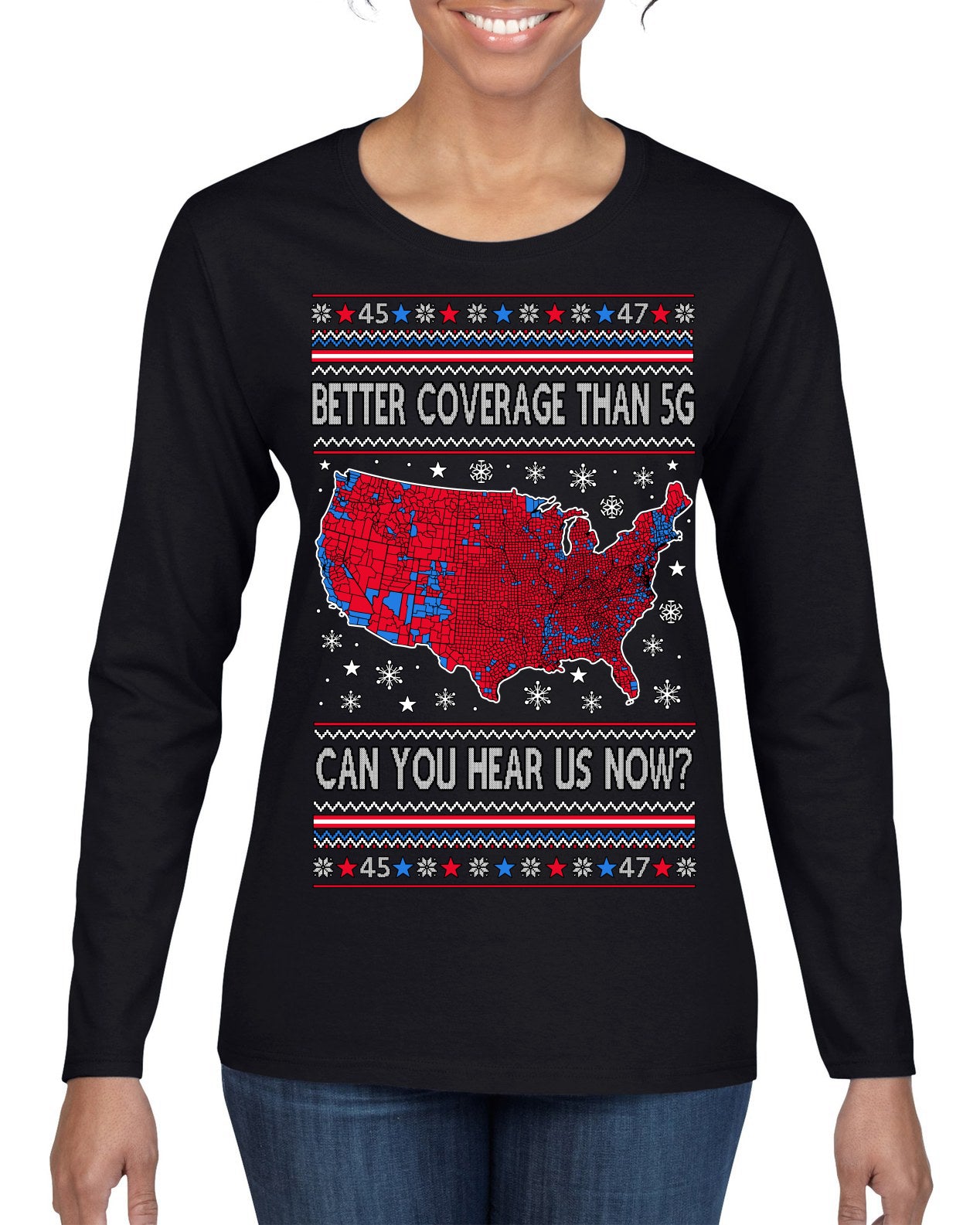 Trump 2024 Better Coverage than 5G Red Wave Landslide Ugly Christmas Sweater Womens Graphic Long Sleeve T-Shirt
