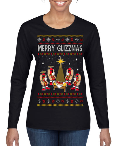 Merry Glizzmas, Funny Glizzy Hot Dog Baby Jesus Catholic Nativity, Fast Food Mustard Condiment Glizzys Humor Ugly Christmas Sweater Womens Graphic Long Sleeve T-Shirt