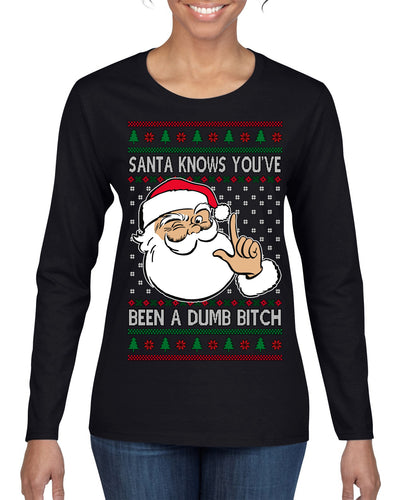 Santa Knows You've Been a Dumb Bitch Funny Vulgar Dirty Ugly Christmas Sweater Womens Graphic Long Sleeve T-Shirt