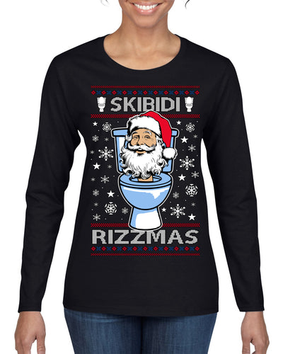 Skibidi Rizzmas Funny Toilet Video Viral Brain Rot Meme, Gen Z Alpha Slang Brainrot Memes Ugly Christmas Sweater Womens Graphic Long Sleeve T-Shirt