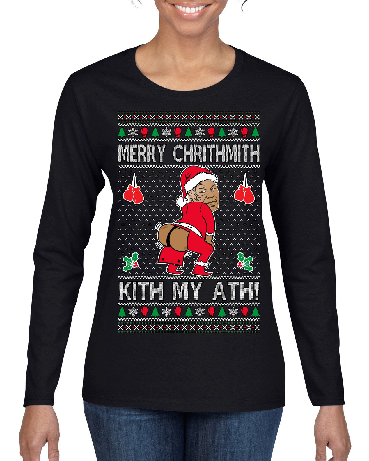Merry Chrithmith Kith My Ath, Funny Butt Dancing, Viral Kiss My Ass Boxing Fight Meme, Men Women Ugly Christmas Sweater Womens Graphic Long Sleeve T-Shirt