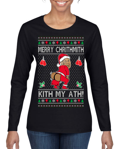 Merry Chrithmith Kith My Ath, Funny Butt Dancing, Viral Kiss My Ass Boxing Fight Meme, Men Women Ugly Christmas Sweater Womens Graphic Long Sleeve T-Shirt