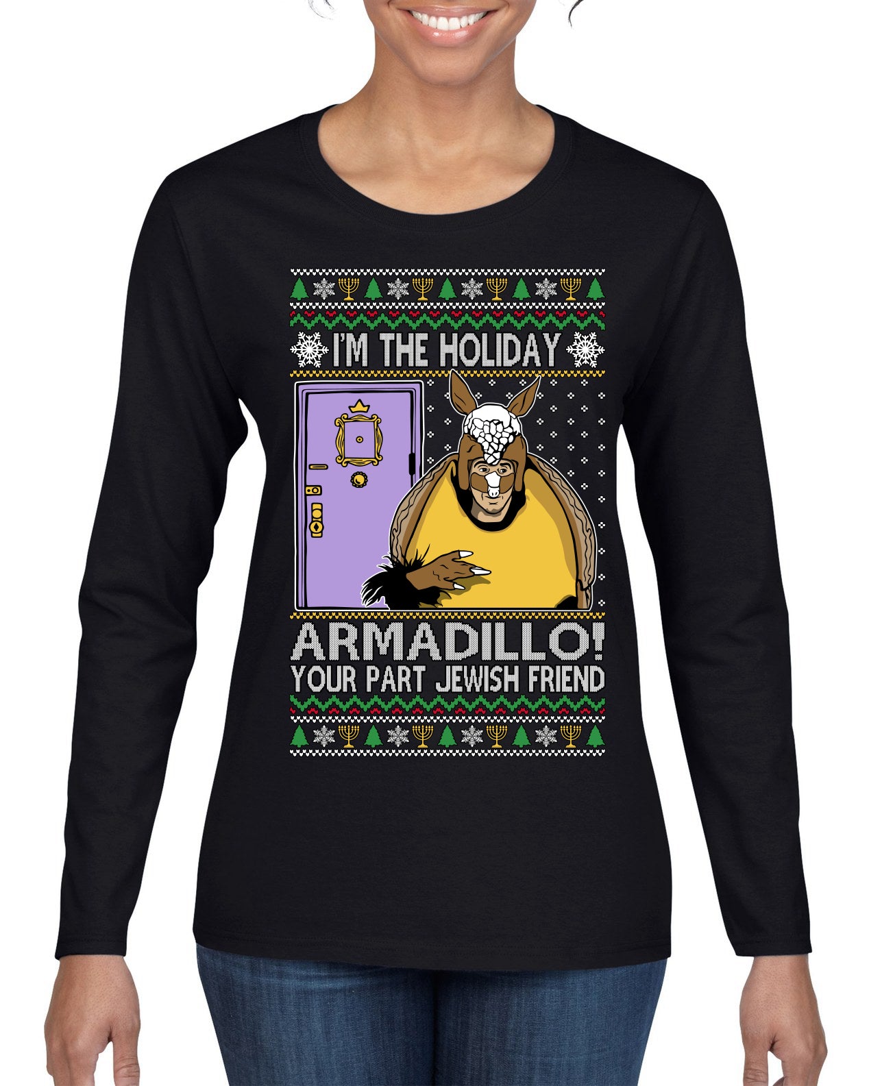 Holiday Armadillo Part Jewish TV Show Ugly Christmas Sweater Womens Graphic Long Sleeve T-Shirt