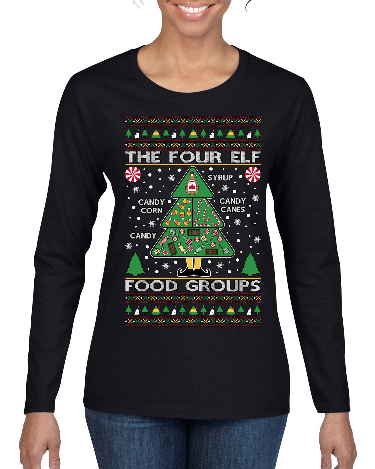 The Four Elf Food Groups Candy Canes Syrup Funny Ugly Christmas Sweater Womens Graphic Long Sleeve T-Shirt