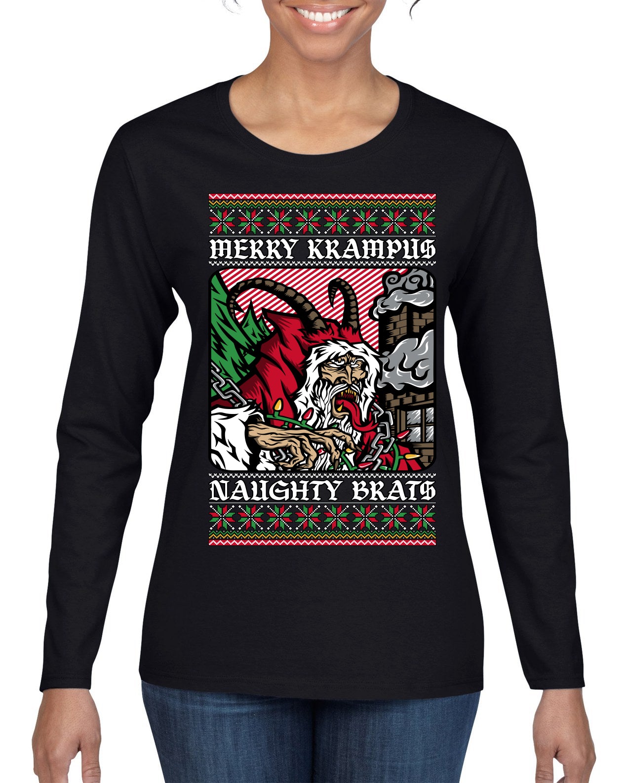 Merry Krampus Naughty Brats | Funny Ugly Christmas Sweater Womens Graphic Long Sleeve T-Shirt
