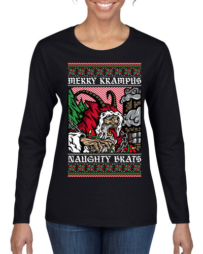 Merry Krampus Naughty Brats | Funny Ugly Christmas Sweater Womens Graphic Long Sleeve T-Shirt