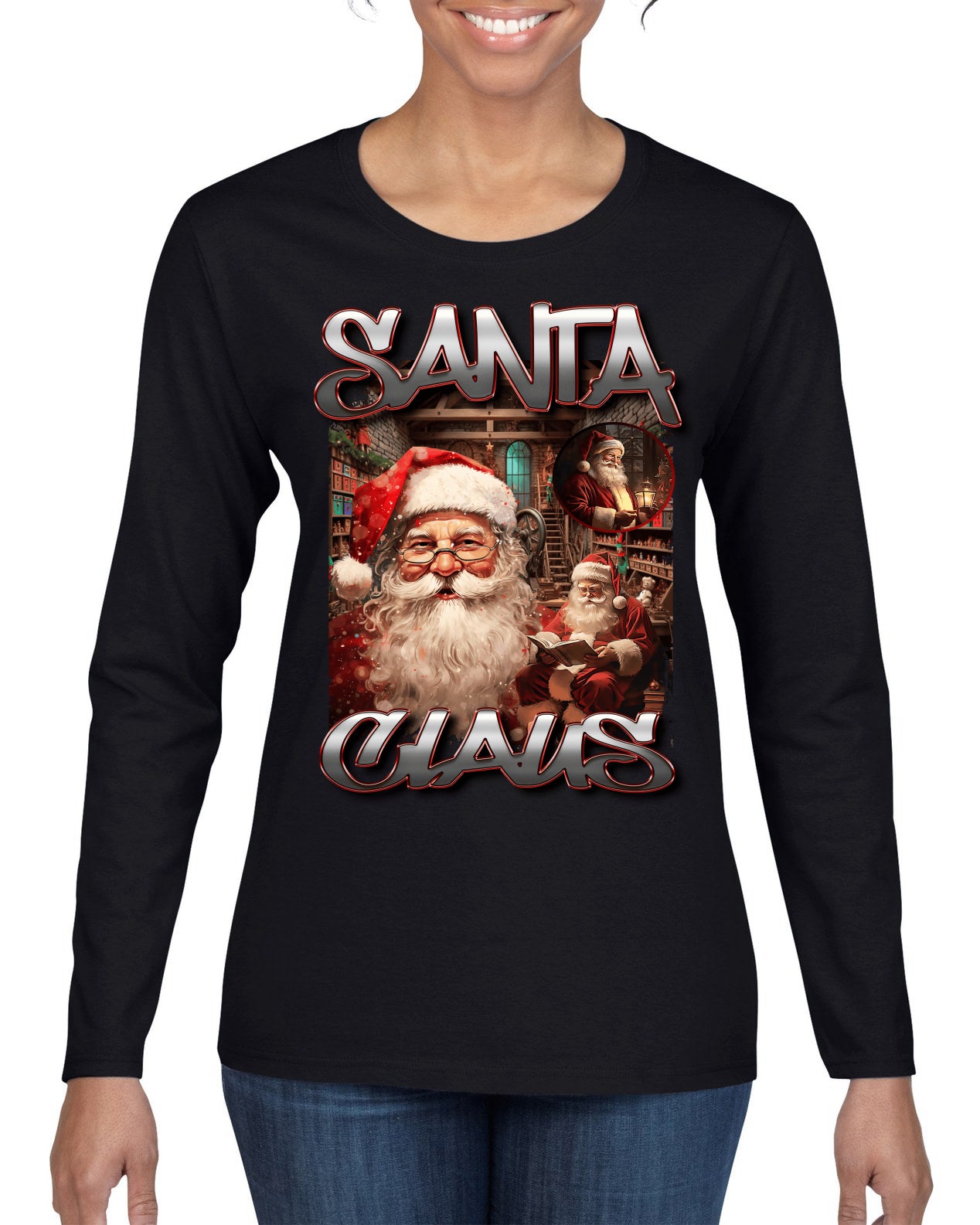 Santa Claus Bootleg Rap Music Style Ugly Christmas Sweater Womens Graphic Long Sleeve T-Shirt