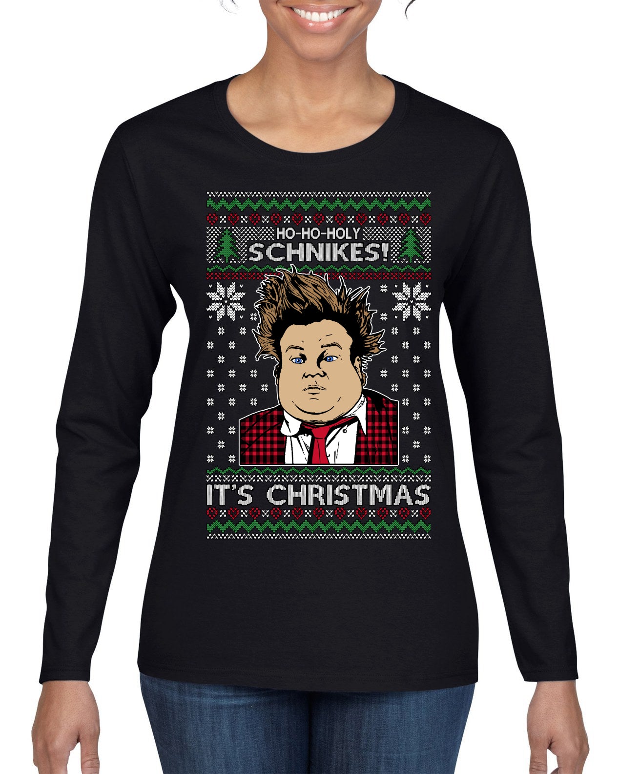 Ho Ho Holy Schnikes Funny 90s Classic Tommy Boy Movie Ugly Christmas Sweater Womens Graphic Long Sleeve T-Shirt
