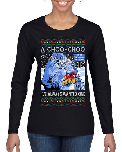 A Choo Choo I've Always Wanted One Winter Warlock Movie Ugly Christmas Sweater Womens Graphic Long Sleeve T-Shirt