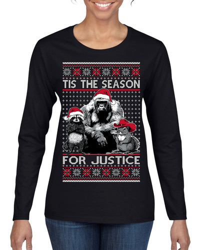 Tis the Season For Justice Harambe Peanut Fred Raccoon Ugly Christmas Sweater Womens Graphic Long Sleeve T-Shirt