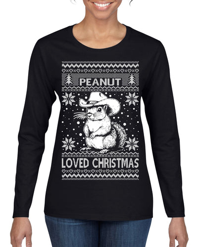 Peanut Loved Christmas RIP Funny Viral Squirrel Meme Ugly Christmas Sweater Womens Graphic Long Sleeve T-Shirt