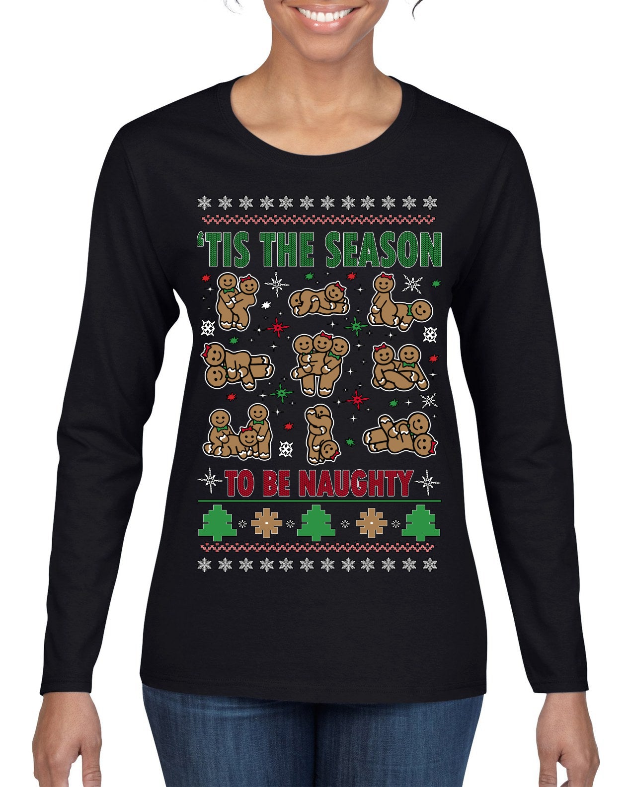 Tis' The Season To Be Naughty Unisex Ugly Christmas Sweater Womens Graphic Long Sleeve T-Shirt
