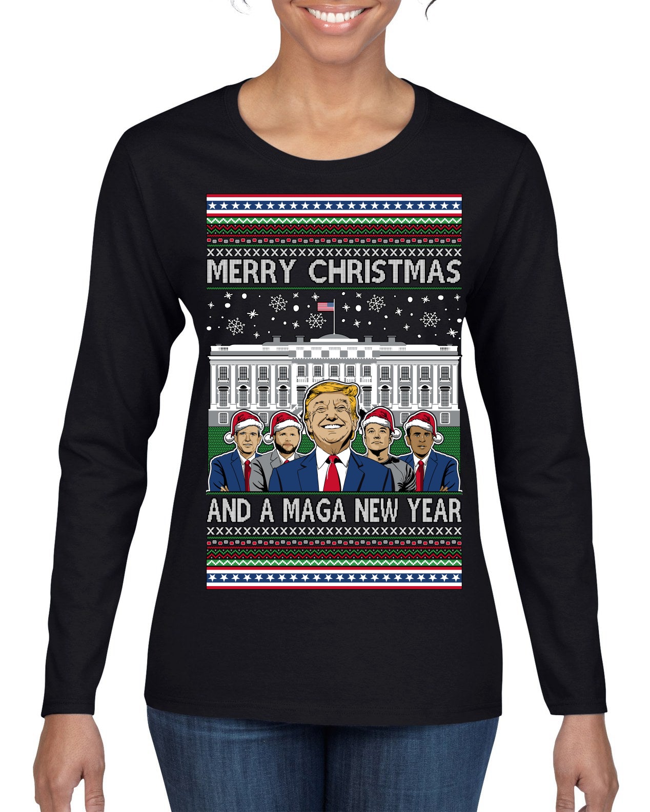 Merry Christmas and a MAGA New Year 2025 Ugly Christmas Sweater Womens Graphic Long Sleeve T-Shirt