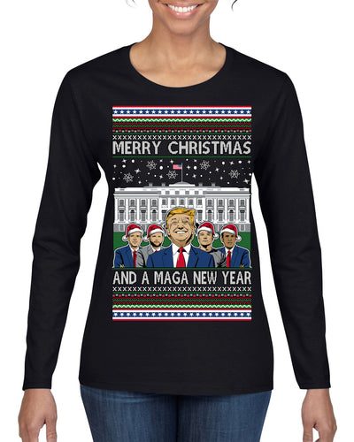 Merry Christmas and a MAGA New Year 2025 Ugly Christmas Sweater Womens Graphic Long Sleeve T-Shirt