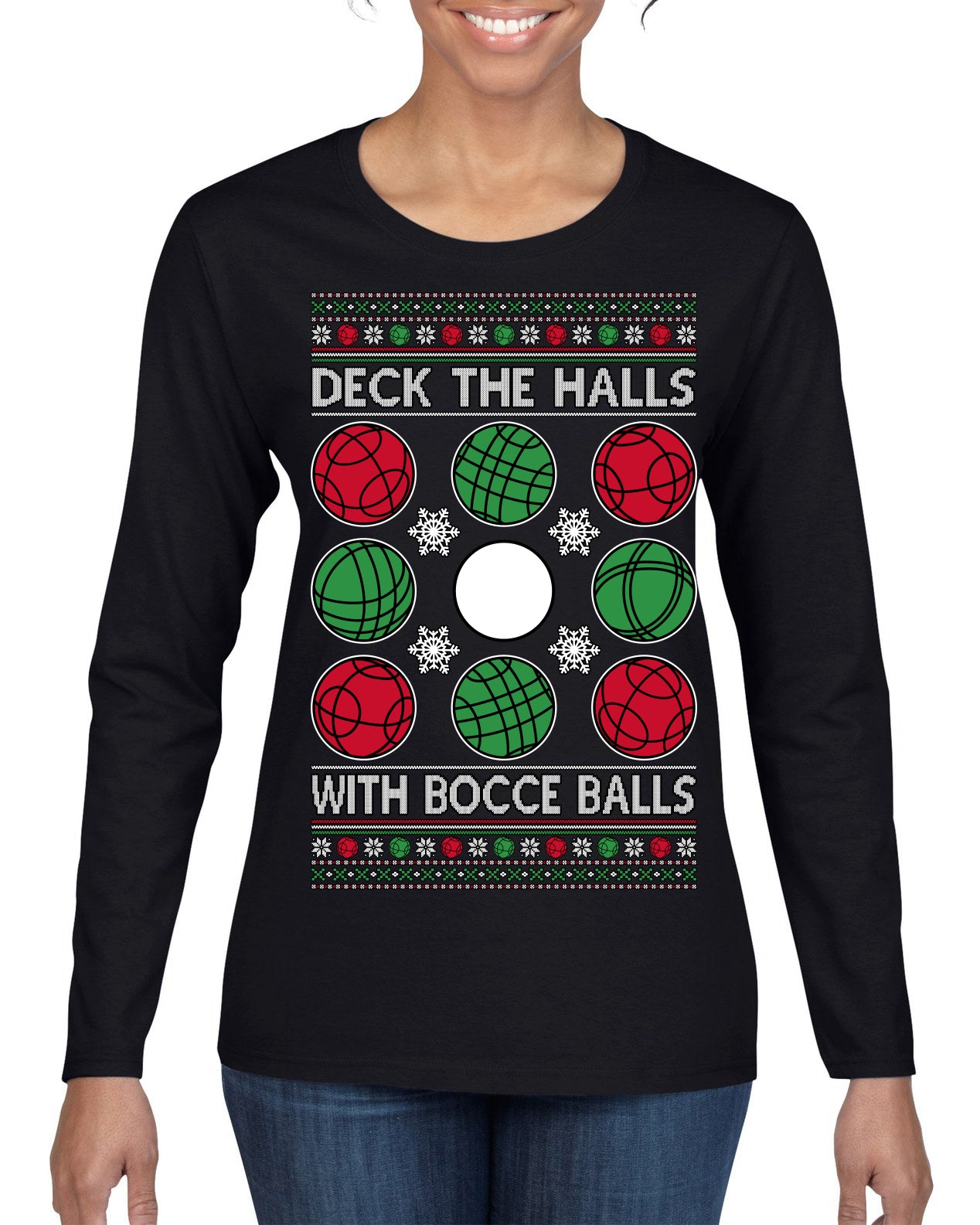 Deck the Halls with Bocce Balls, Funny Classic Italy Italian Sports Ugly Christmas Sweater Womens Graphic Long Sleeve T-Shirt