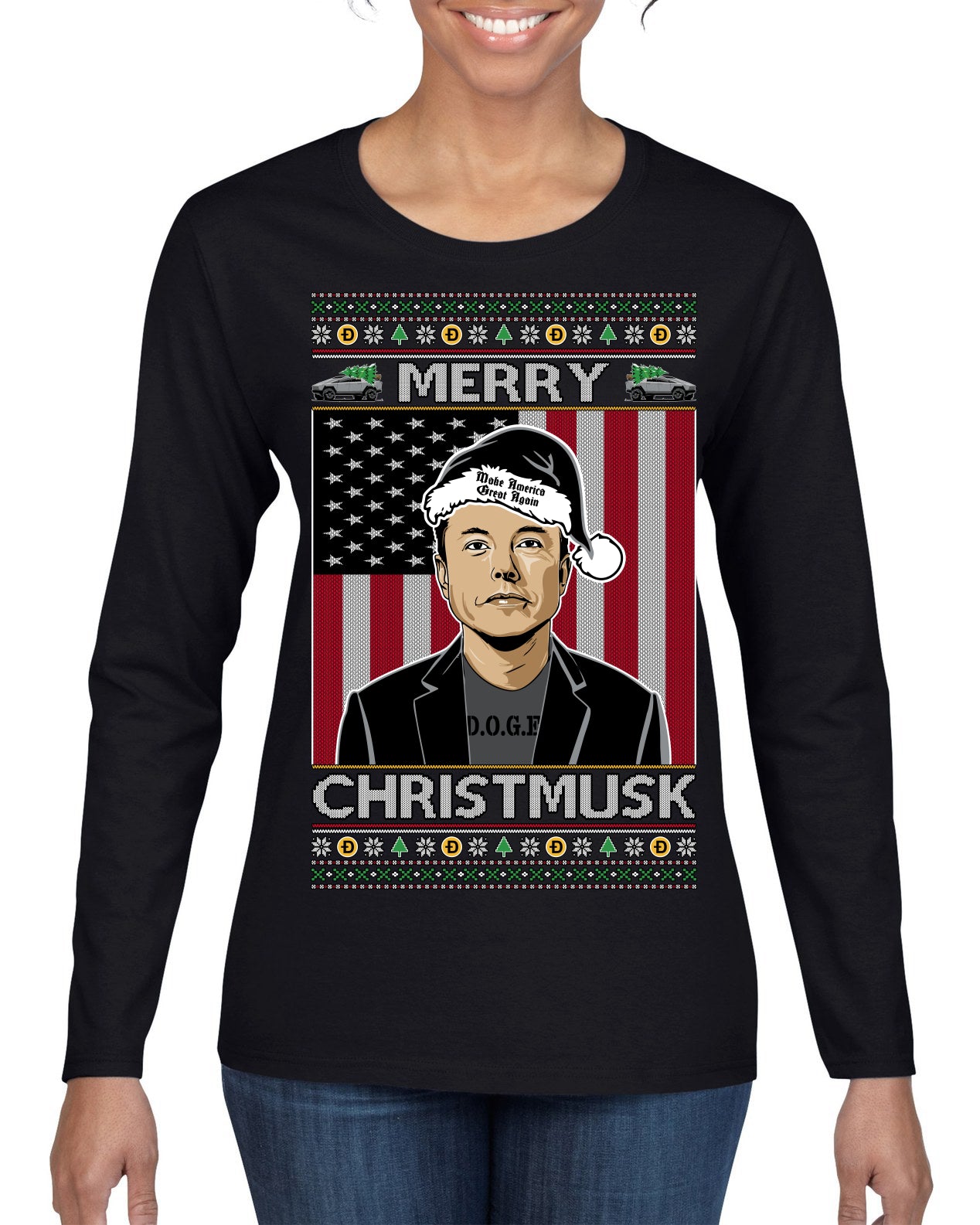 Merry Christmusk Funny Dark MAGA Santa Elon Doge Meme Ugly Christmas Sweater Womens Graphic Long Sleeve T-Shirt