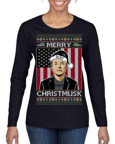 Merry Christmusk Funny Dark MAGA Santa Elon Doge Meme Ugly Christmas Sweater Womens Graphic Long Sleeve T-Shirt