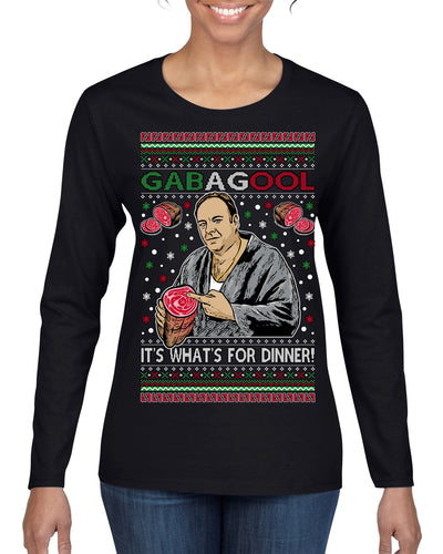 Gabagool It's What's for Dinner, Funny Tony Italian NJ New Jersey Mafia, Classic TV Show Ugly Christmas Sweater Womens Graphic Long Sleeve T-Shirt