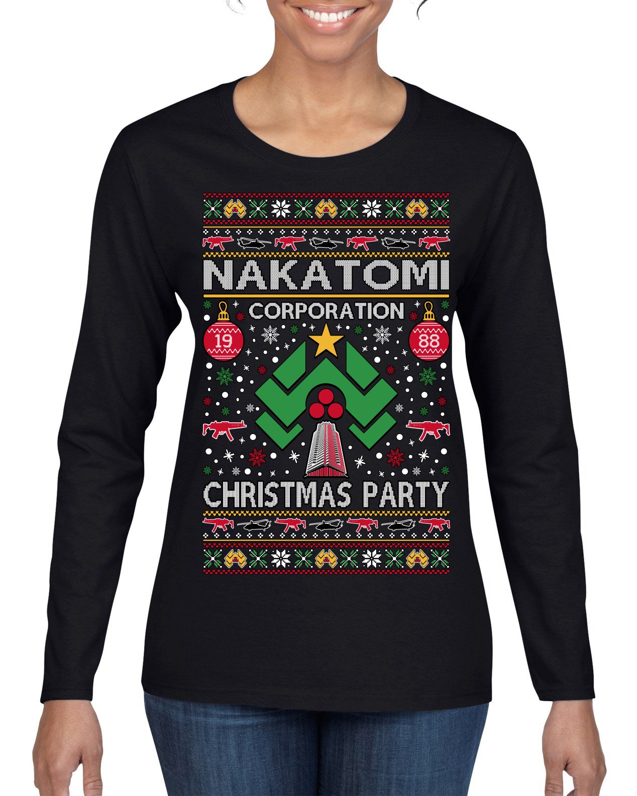 Nakatomi Corporation Christmas Party 1988 Plaza Logo, Classic Die Hard McClane 80s Xmas Movie Quote Ugly Christmas Sweater Womens Graphic Long Sleeve T-Shirt