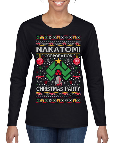 Nakatomi Corporation Christmas Party 1988 Plaza Logo, Classic Die Hard McClane 80s Xmas Movie Quote Ugly Christmas Sweater Womens Graphic Long Sleeve T-Shirt