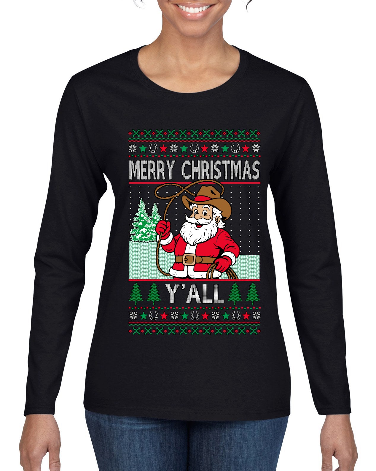 Merry Christmas Y'all Christmas Sweater, Ugly Christmas Sweater Womens Graphic Long Sleeve T-Shirt