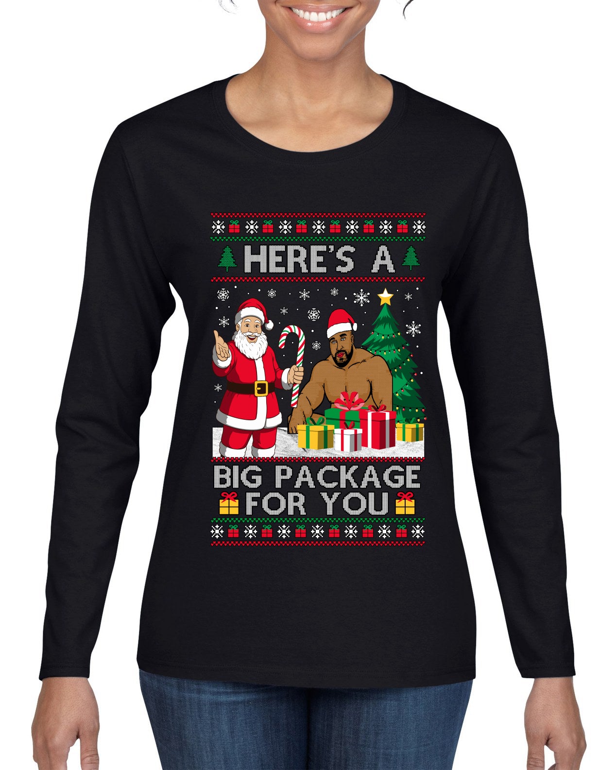 Here's A Big Package For You Santa Christmas Sweater, Ugly Christmas Sweater Womens Graphic Long Sleeve T-Shirt