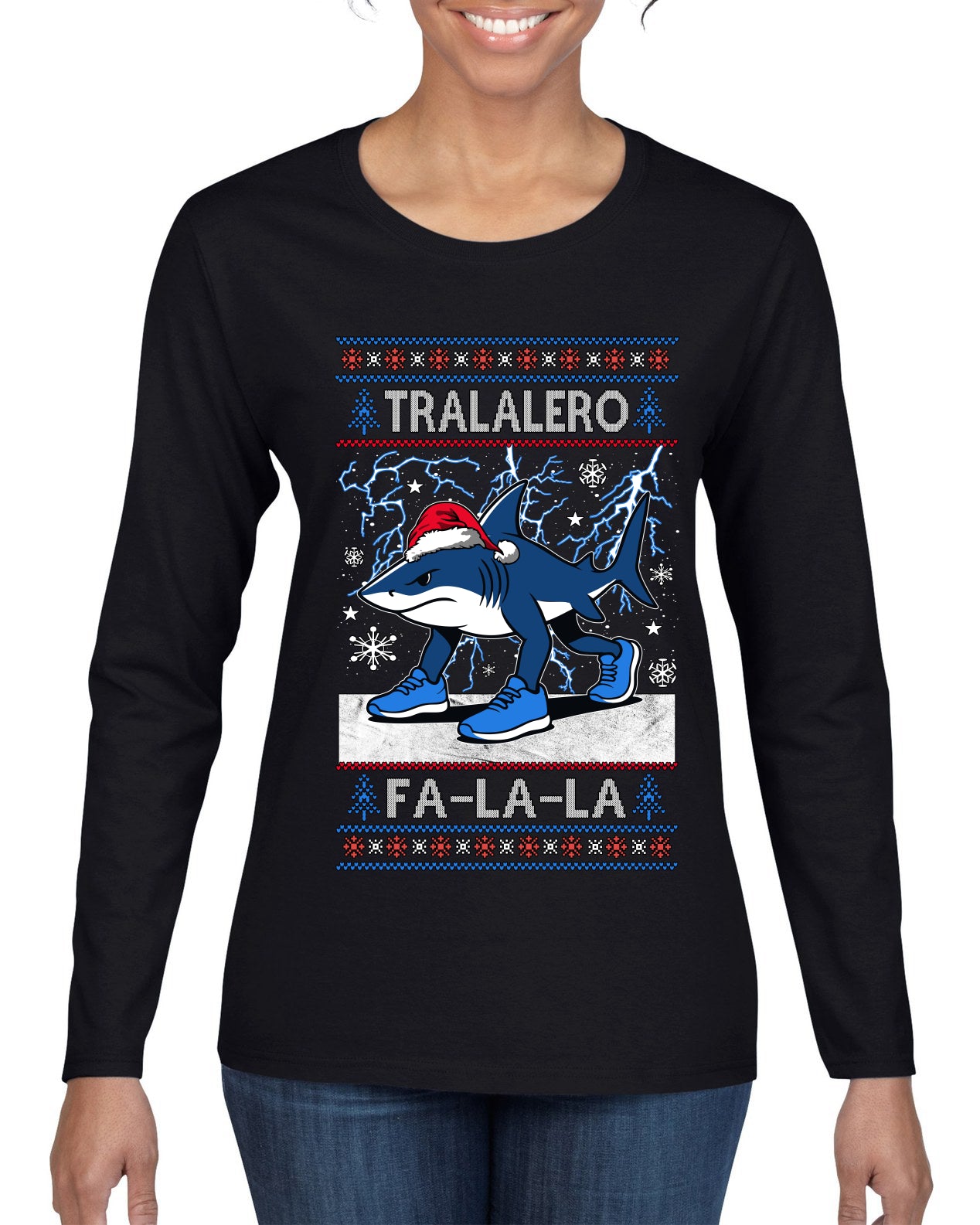 Tralalero Fa La La Brainrot, Ugly Christmas Sweater Womens Graphic Long Sleeve T-Shirt