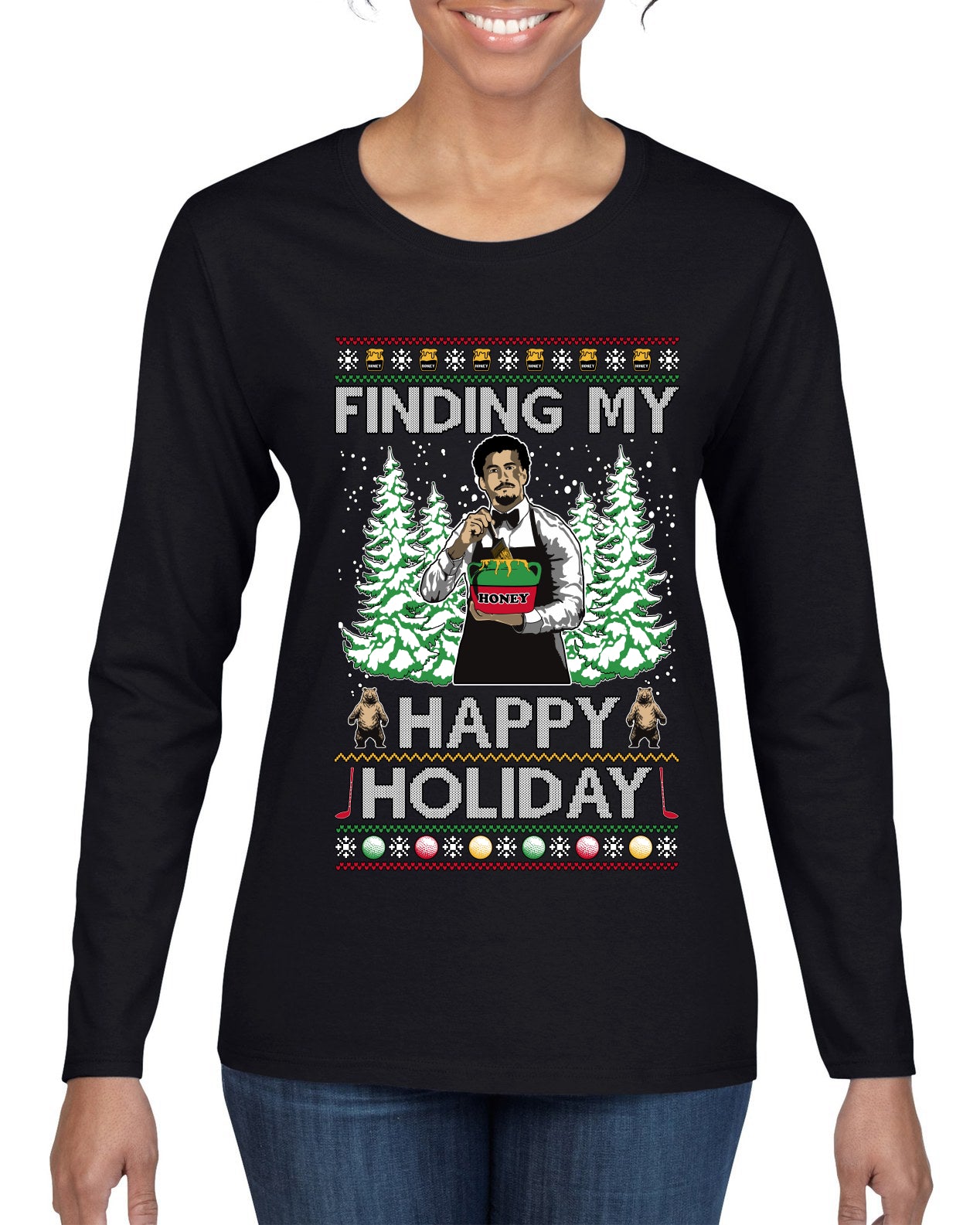 Finding My Happy Holiday, Ugly Christmas Sweater Womens Graphic Long Sleeve T-Shirt
