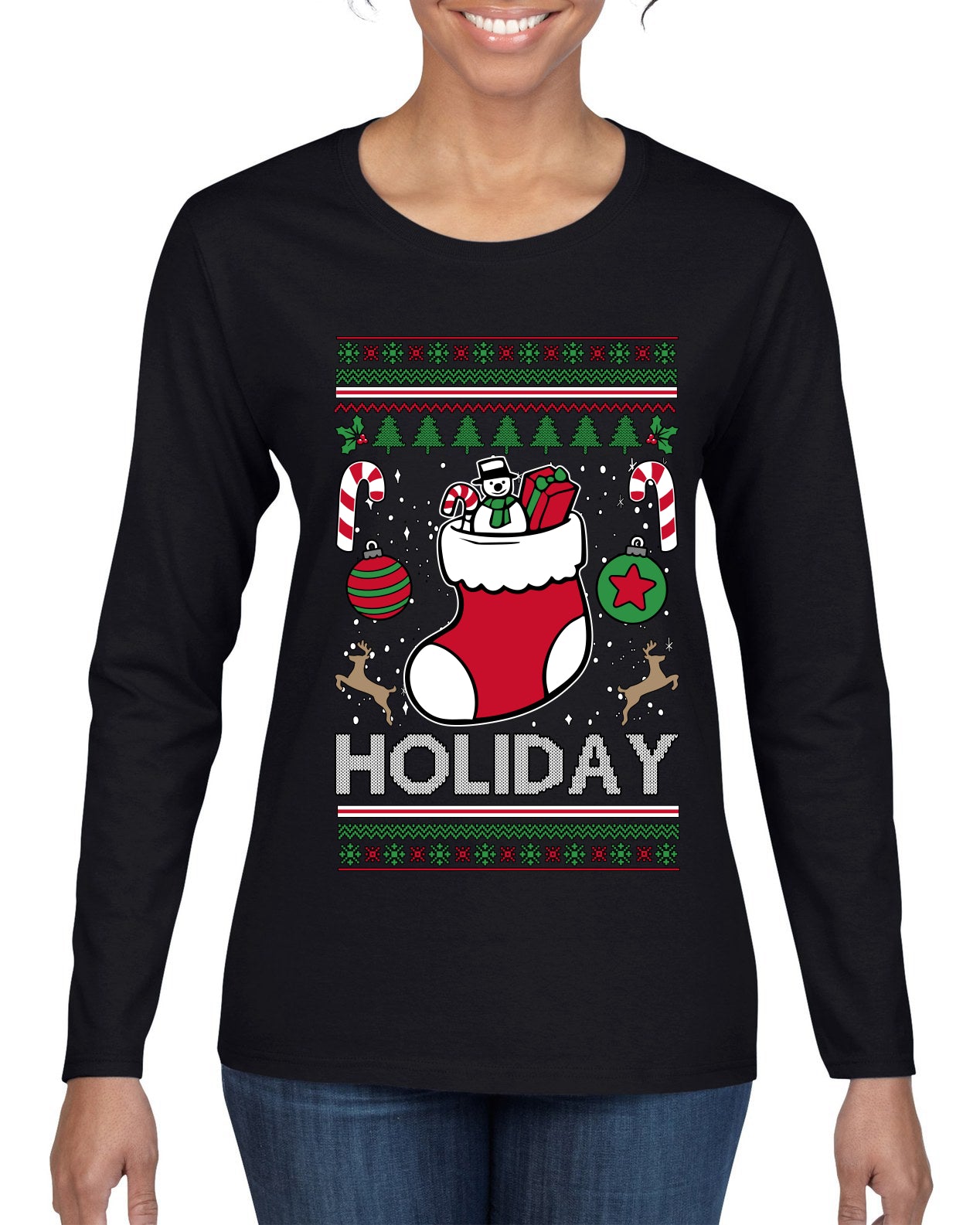 Holiday, Ugly Christmas Sweater Womens Graphic Long Sleeve T-Shirt