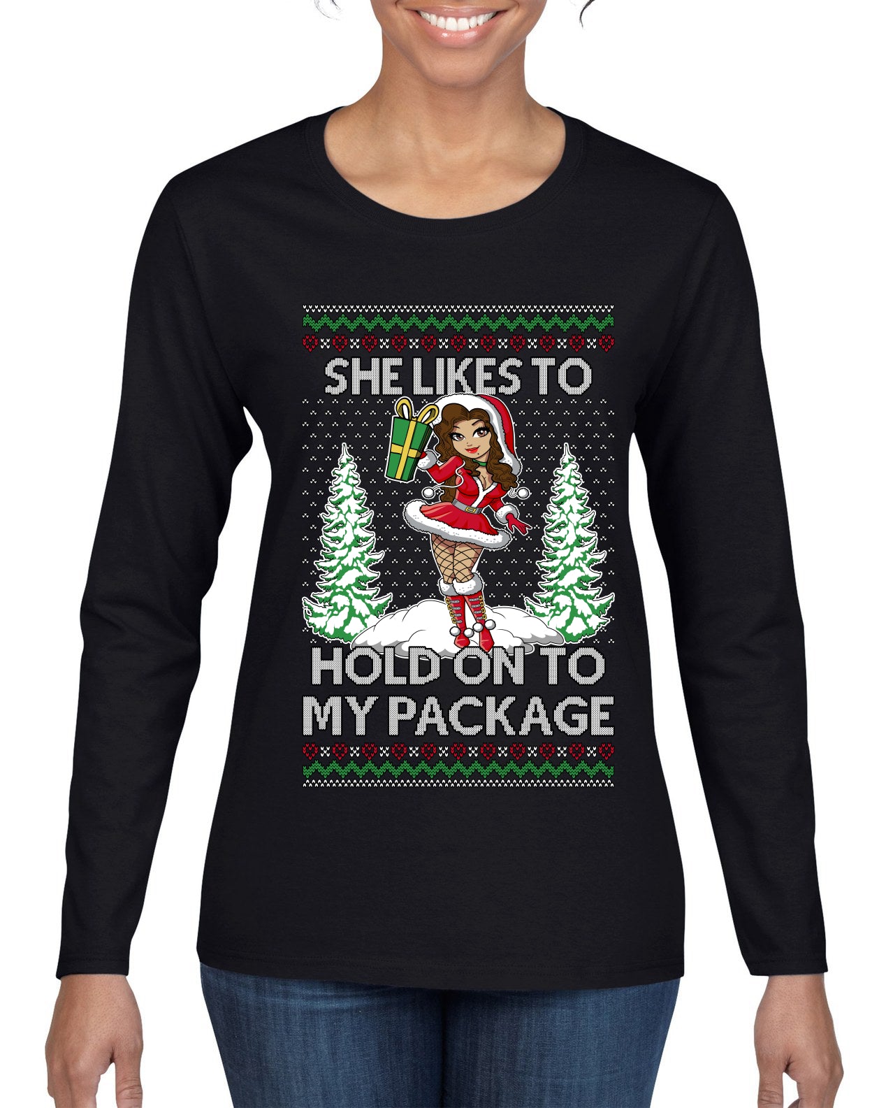 Hold My Package, Ugly Christmas Sweater Womens Graphic Long Sleeve T-Shirt