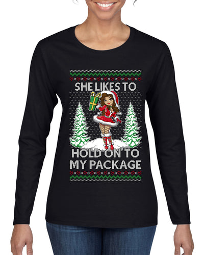Hold My Package, Ugly Christmas Sweater Womens Graphic Long Sleeve T-Shirt