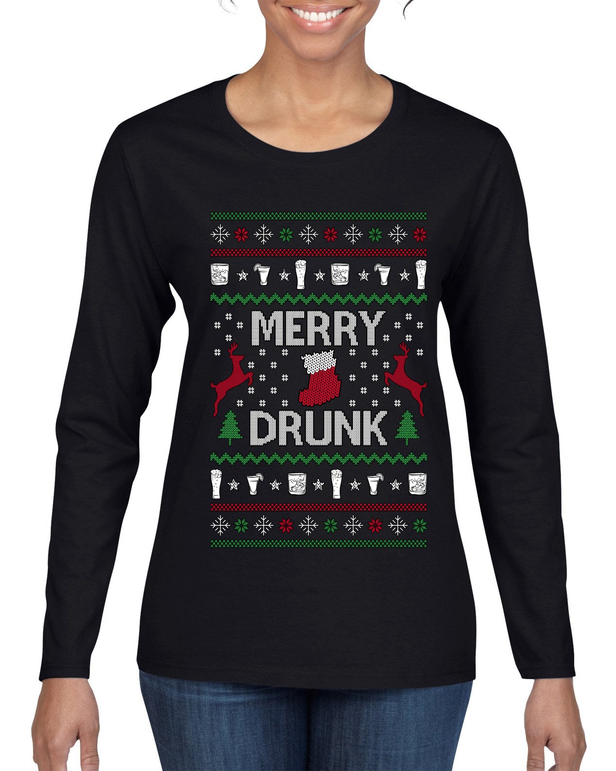 Merry Drunk, Ugly Christmas Sweater Womens Graphic Long Sleeve T-Shirt