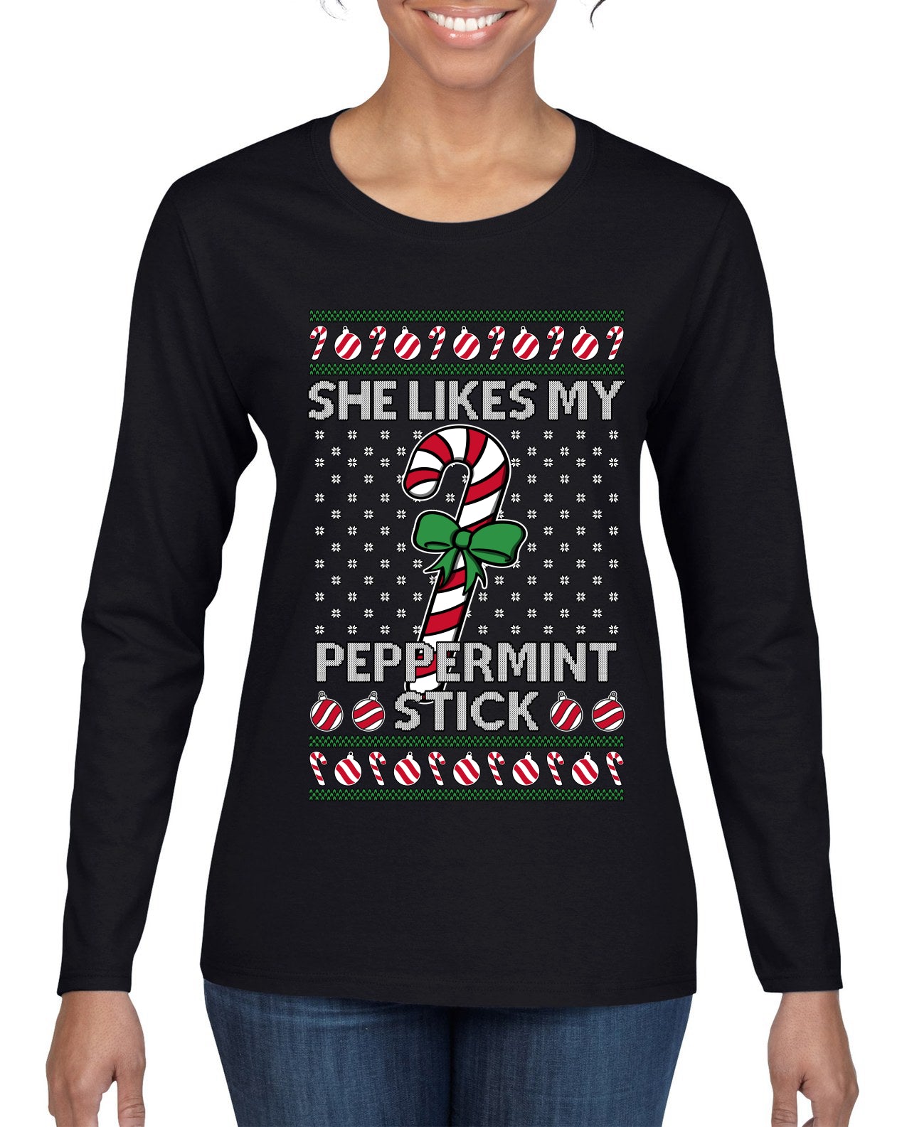 She Likes My Peppermint Stick, Ugly Christmas Sweater Womens Graphic Long Sleeve T-Shirt