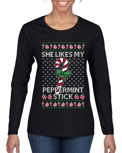 She Likes My Peppermint Stick, Ugly Christmas Sweater Womens Graphic Long Sleeve T-Shirt