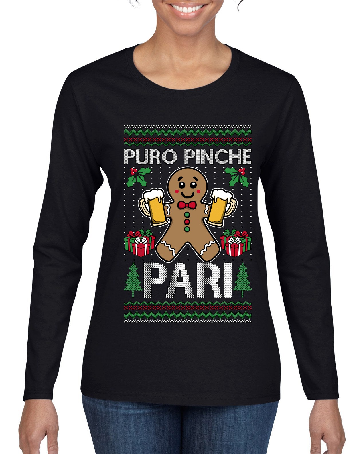 Puro Pinche Pari, Ugly Christmas Sweater Womens Graphic Long Sleeve T-Shirt