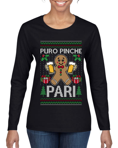 Puro Pinche Pari, Ugly Christmas Sweater Womens Graphic Long Sleeve T-Shirt